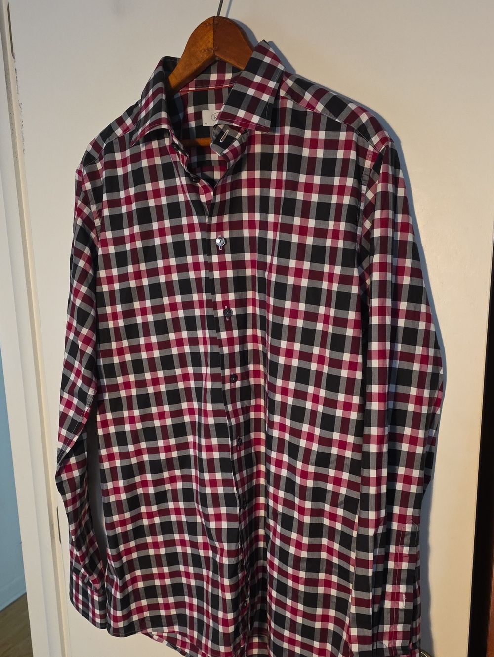 Eton Burgundy, Black and White Plaid Dress Shirt NWOT 16.5 Neck
